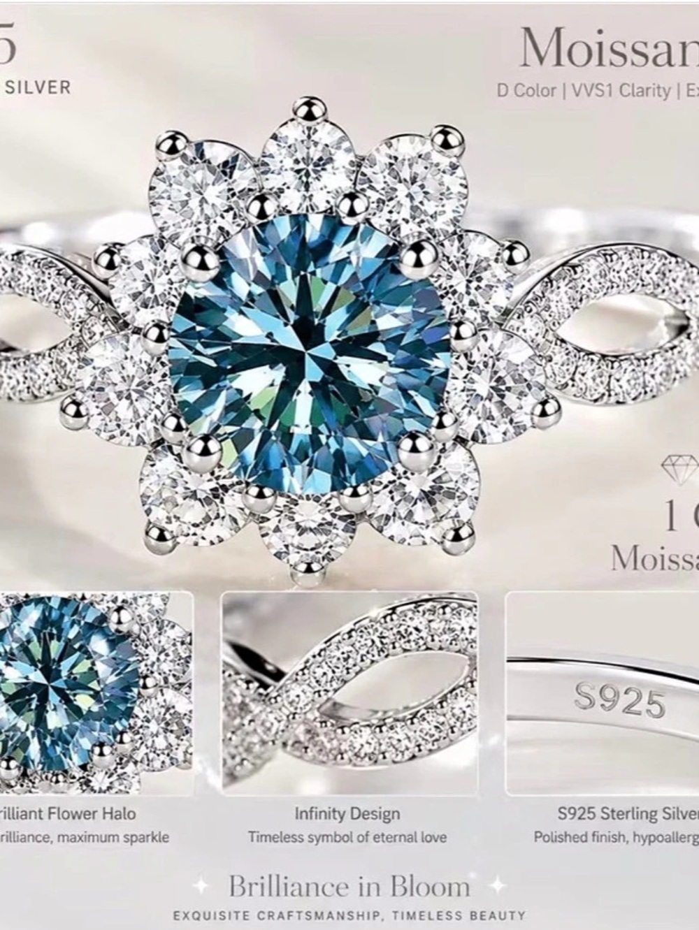 Floral Bloom Moissanite Ring Floral Halo Moissanite Ring in Silver & Blue NWT